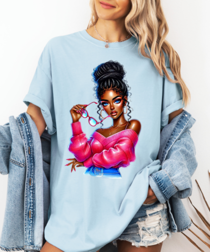 Black Girl with Blue Eyes PNG, Fashion Girl Graphic, Afro Girl Clipart, Pink Girl Clipart, Jeans Girl Clipart, Black Girl with Blue Eyes Graphic, Digital Download