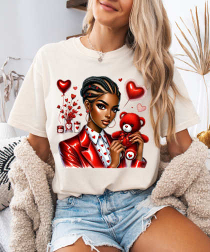 Cute Black Girl Valentines Day PNG, Girl with Cute Teddy Bear Graphic, Romantic Girl Clipart, Girl in Love Clipart, Girl with Heart Balloons Clipart, Cute Black Girl Valentines Day Graphic, Digital Download
