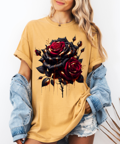 Dark Flowers Bathed in Gold PNG, Roses Dripping Gold Graphic, Red and Gold Roses Clipart, Black and Gold Roses Clipart, Red and Gold Floral Clipart, Dark Flowers Bathed in Gold Graphic, Digital Download