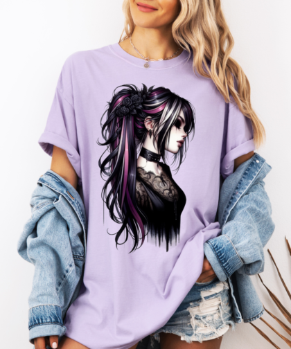 Gothic Girl PNG, Fashion Girl in Black Graphic, Purple Haired Girl Clipart, Girl with Flowers Clipart, Tattoo Girl Clipart, Gothic Girl Graphic, Digital Download