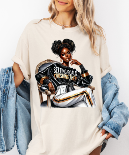 Setting Goals Crushing them PNG, Black Girl Sitting Like Queen Graphic, Fashionable Girl Clipart, Afro Girl Clipart,  Girl Boss Clipart, Setting Goals Crushing them Graphic, Digital Download